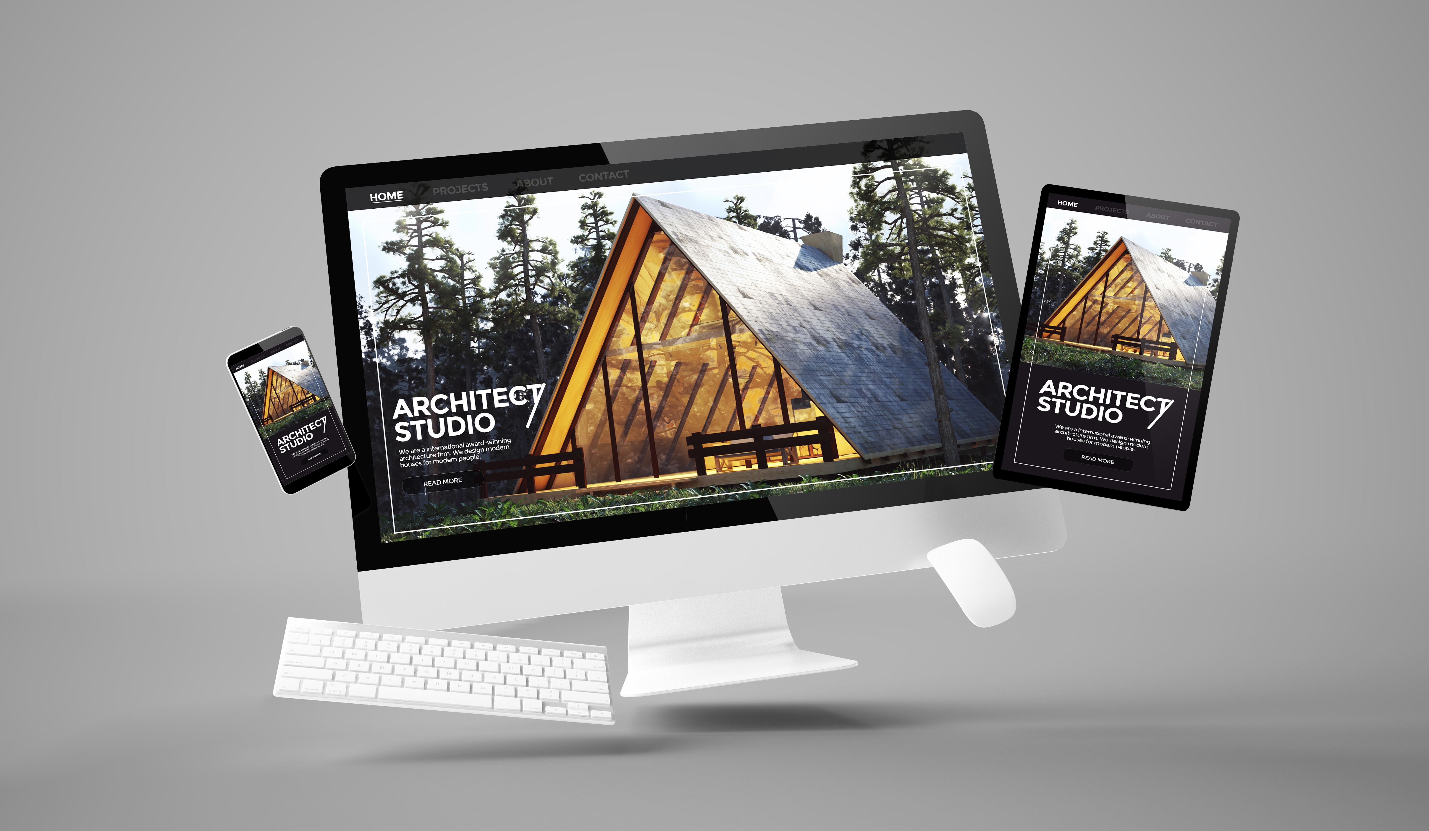 computer, tablet and smartphone showing architect studio responsive website with white scren 3d rendering
