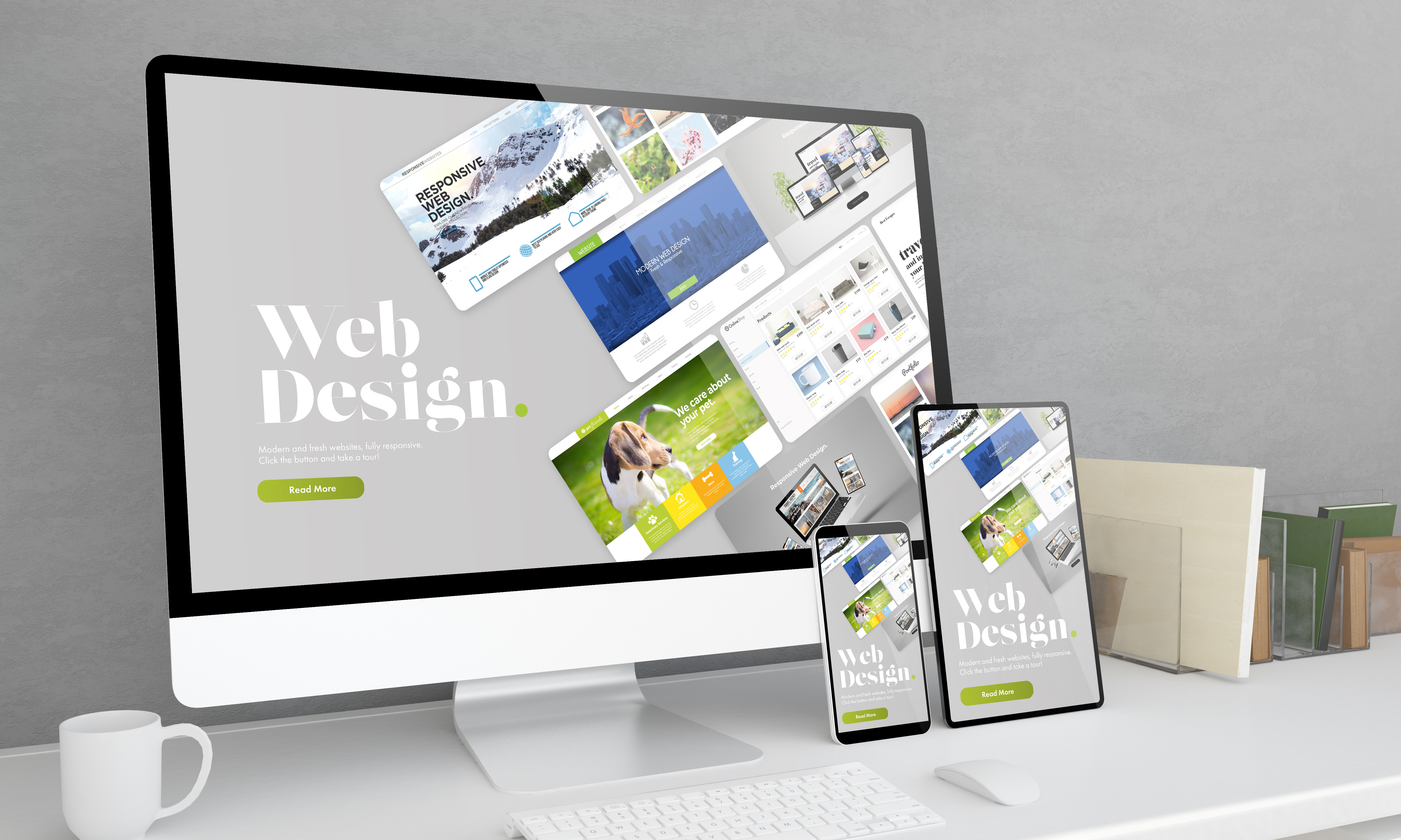 Responsive devices at office desktop 3d rendering with web design